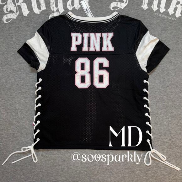 PINK Victoria's Secret Tops - VS PINK Varsity Lace-Up Football Mesh Jersey Pink & White Embroidered 86 Patch